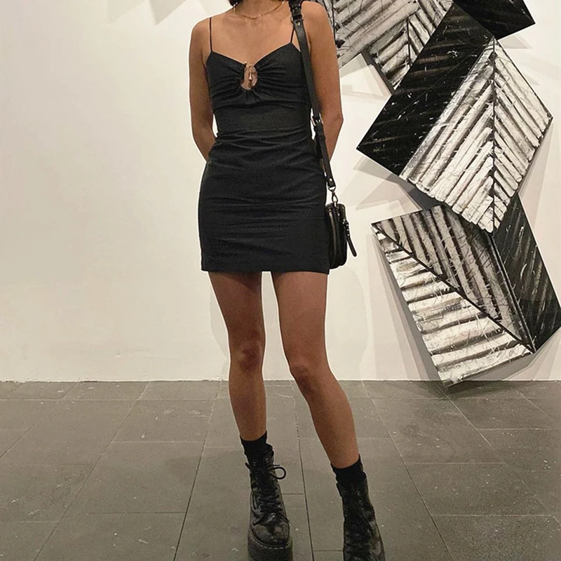 Women's Metal Decorative Strap Dress Bag Hip Skirt Black