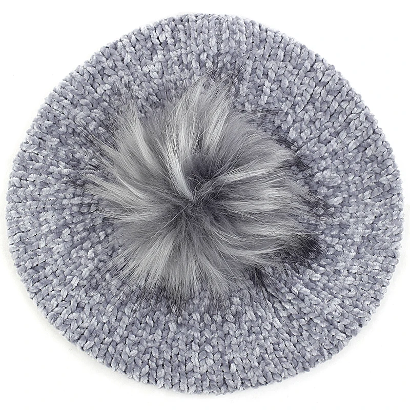 Light gray 17 Geebro, женские зимние теплые вязаные береты из синели с помпоном из искусственного меха, элегантные женские шапки, чепчик для девочки, простые шапки, берет - Цвет: Light gray 17
