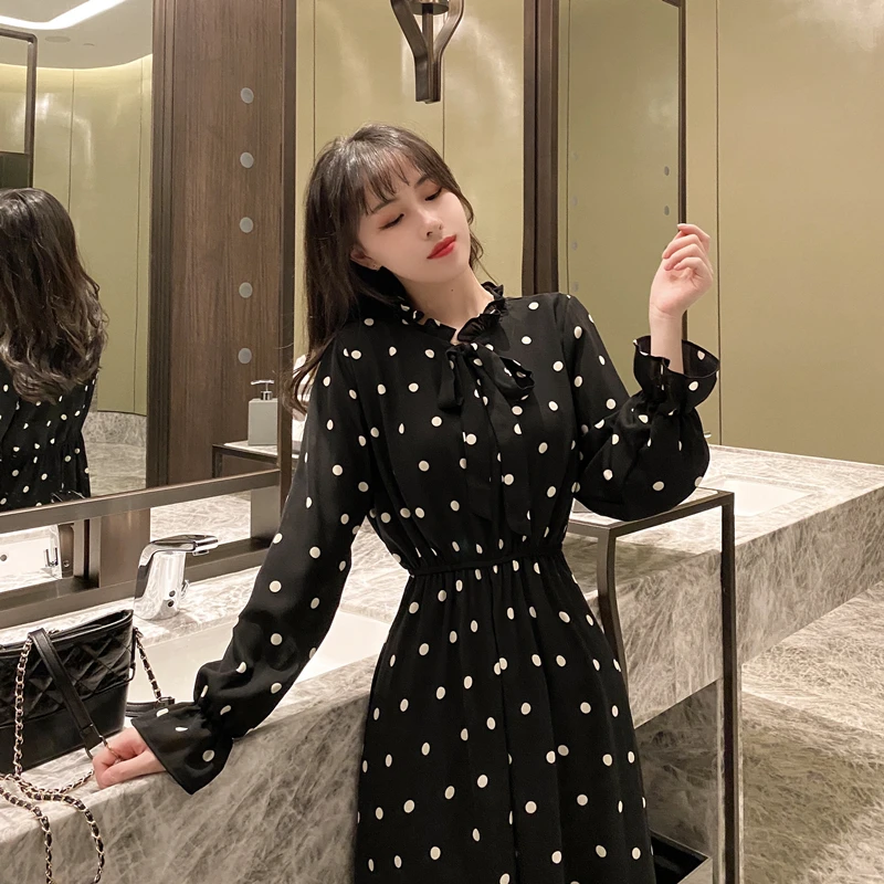 Женские винтажные шифоновые вечерние платья в горошек с длинным рукавом 2020