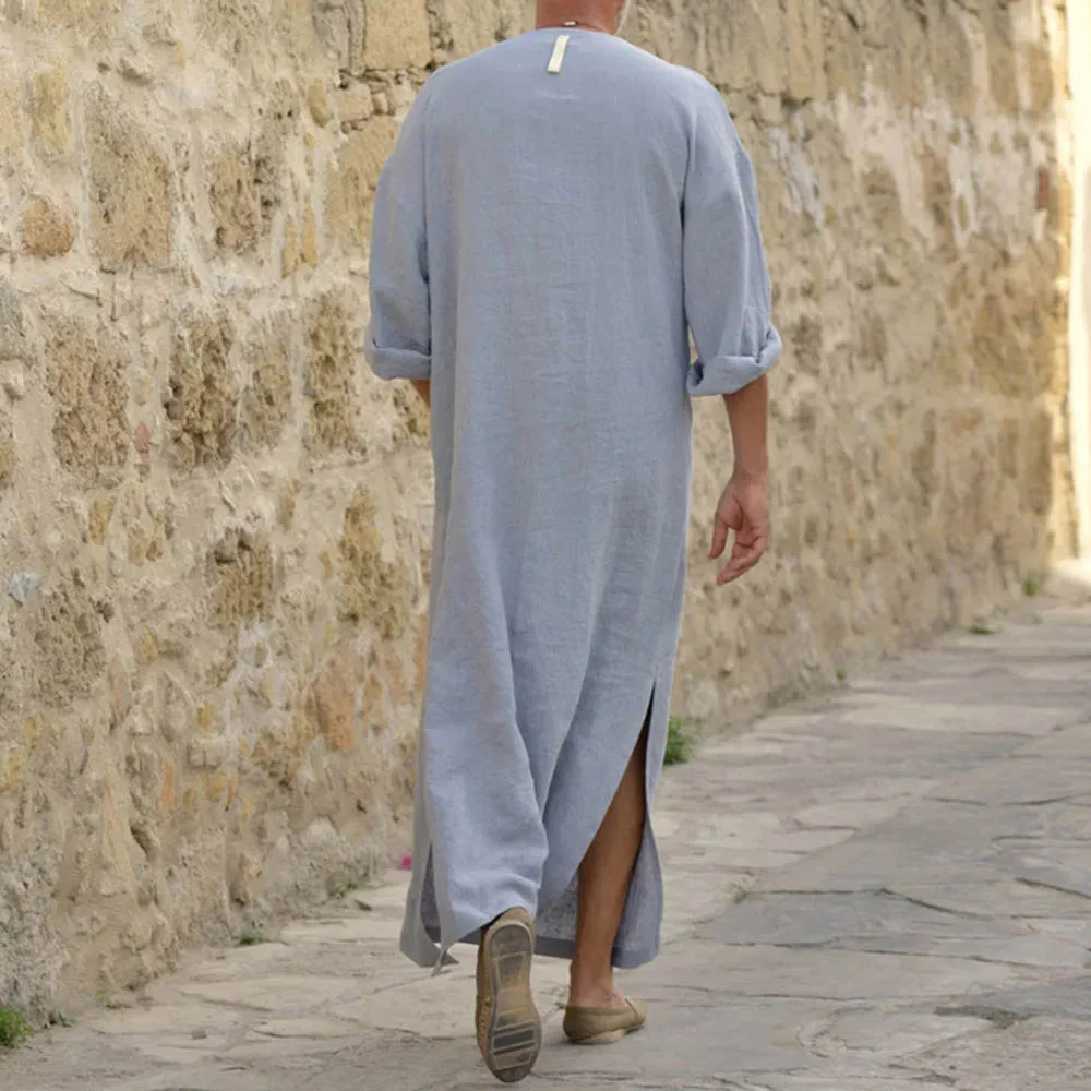 

Men Cotton Linen Big T-shirt Middle East Long Robe Loose Casual 2021 Summer Fashion Simple Clothing For Male Young Muslim New