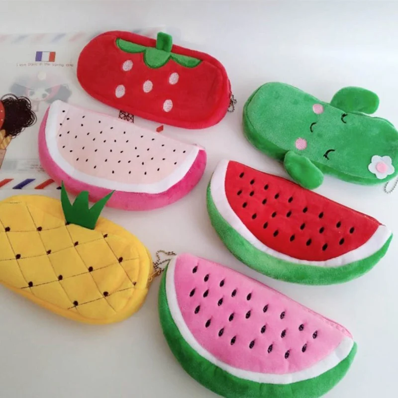 

Kawaii Creative Fruits Pencil Case Cute Soft Plush Printed Bag Watermelon Dragon Lemon For Students Stationery Gift