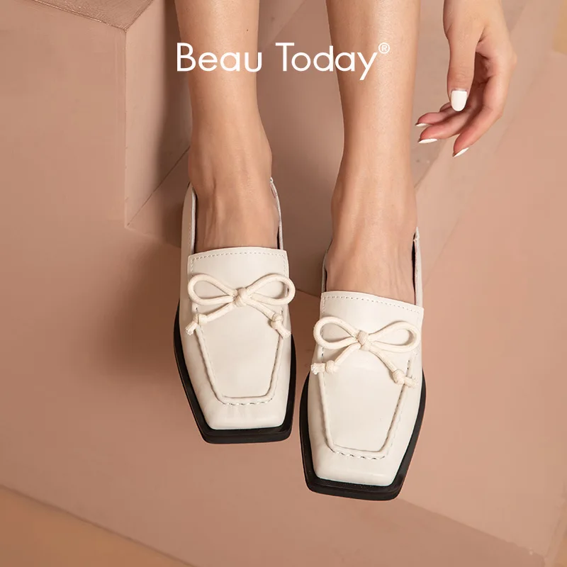 

BeauToday Leather Loafers Women Calfskin Flats Sweet Butterfly-Knot Square Toe Spring Female Flat Shoes Handmade 27196