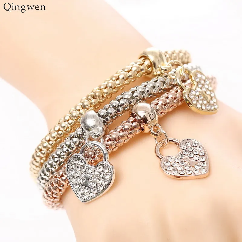 3 шт./компл. браслеты с шармом в виде сердца из розового золота покрытый серебром