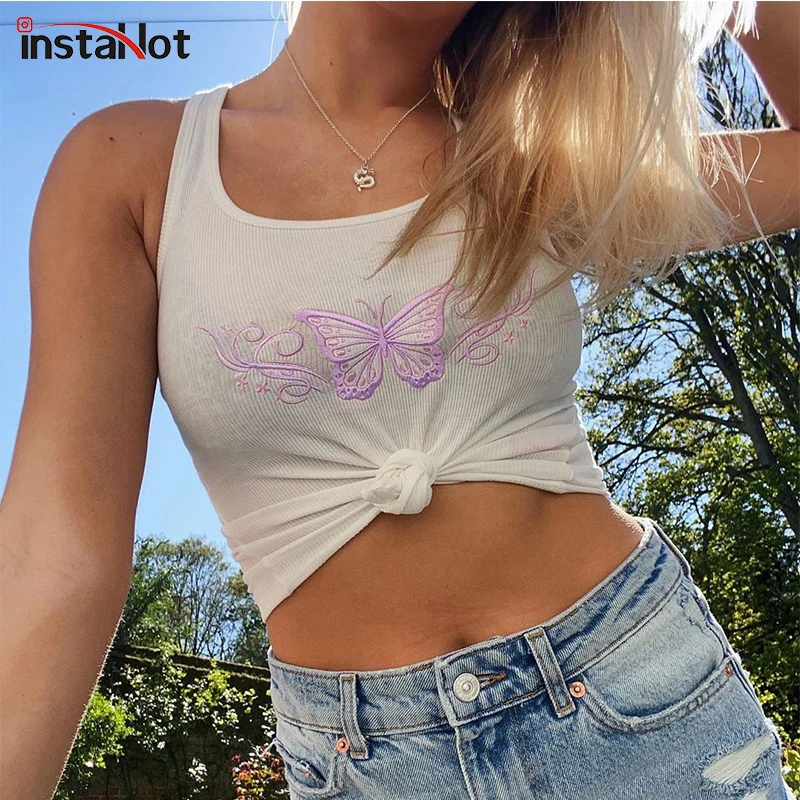 Женский укороченный топ без рукавов трикотажный облегающий с вышивкой в виде