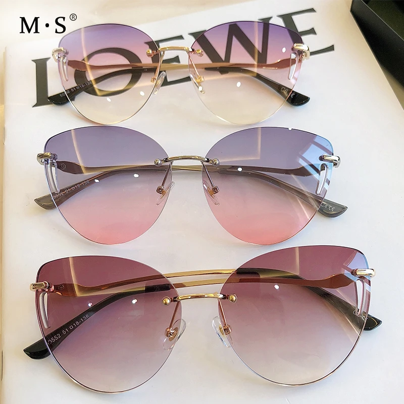 MS New Sunglasses Women Eyewear Gradient Brown Pink Rimless Sun Glasses for Female Gift Brand Designer Uv400
