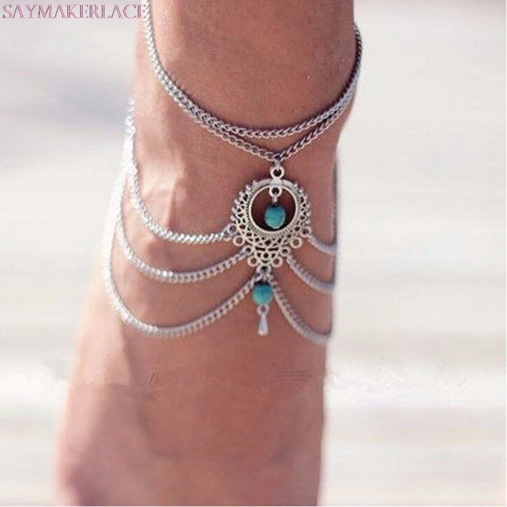 Браслет на ногу женский многослойный украшение в стиле бохо с этническими