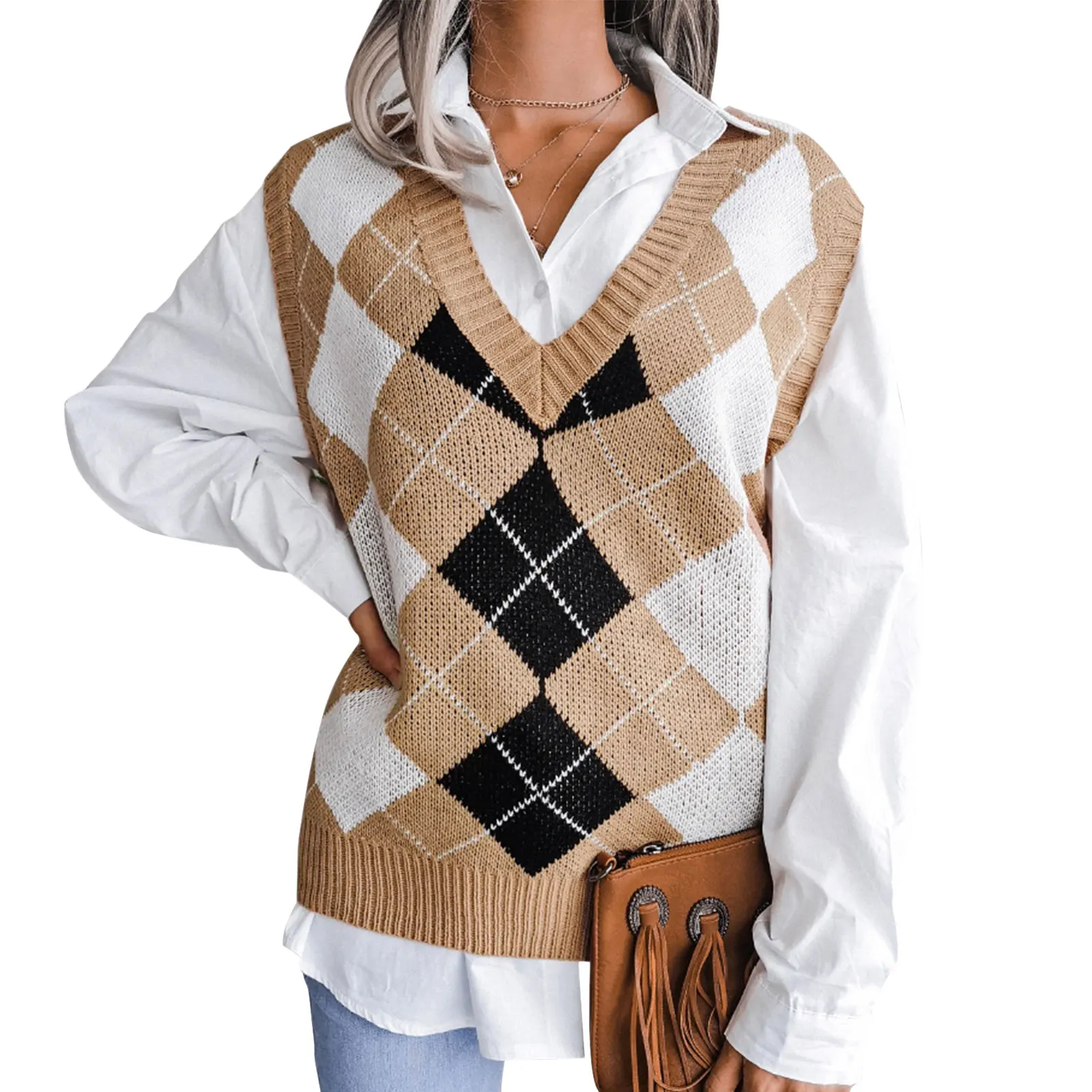 

Women Color Block Knit Vest, Adults Casual Sleeveless Argyle Pattern V-neck Sweater