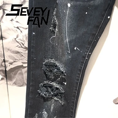 Рваные обтягивающие джинсы мужские потертые с дырками уличная одежда в стиле