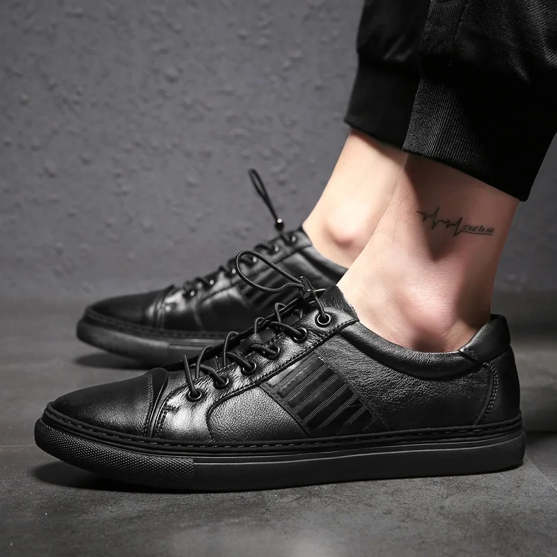 

Hot Men Casual Original Shoes Genuine Leather Flats Sneakers For Men Black Mens Designer Sneakers Elastic Band Young Casual Shoe