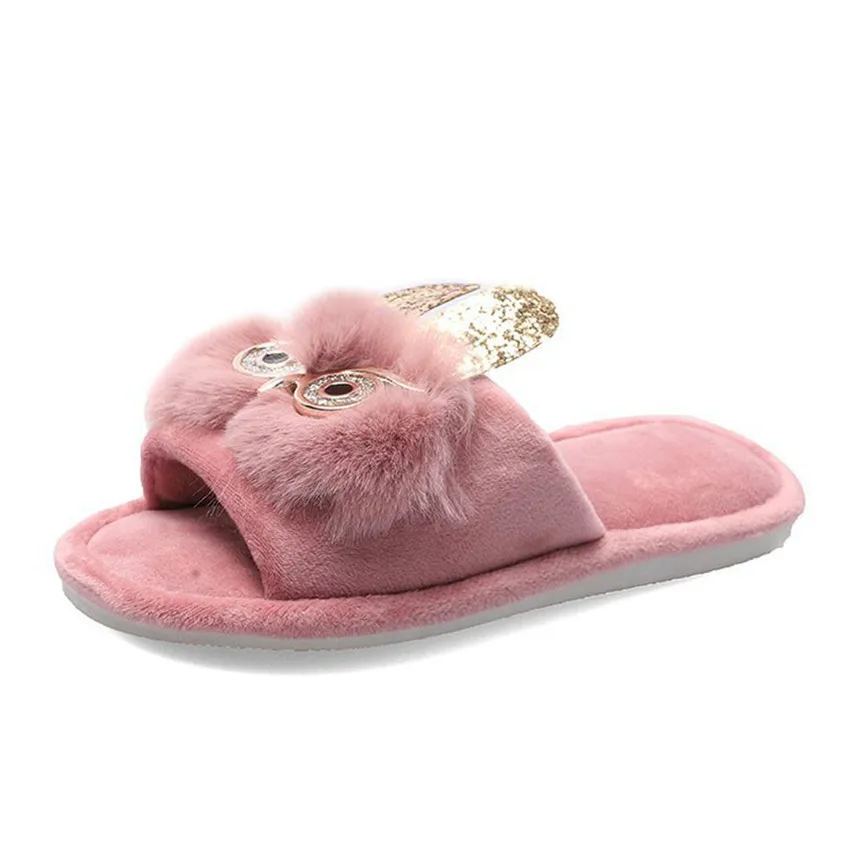 Pink Тапочки с героями мультфильмов; женские домашние тапочки; Теплая Мягкая Милая обувь для спальни; декоративные стразы; блестки; плоская подошва; замша; Хлопок; 30 - Цвет: Pink