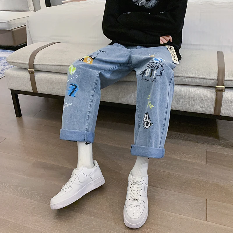 

2021 Jeans Men Loose Straight Leg Pants Elastic Waist Youthful Vitality Comfortable Fashion Casual Versatile Wide Leg Long Pants