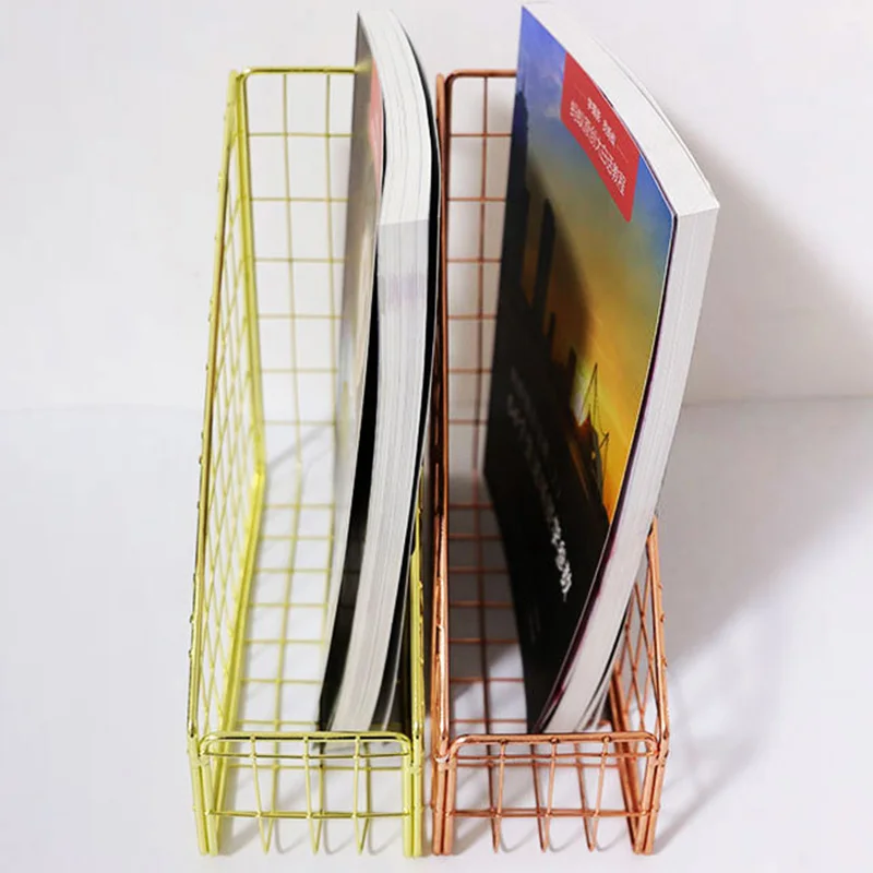 Rose Gold Electroplated Iron Book Holder Desktop Shelf File Magazine Stand Office Home Stationery Organizer |