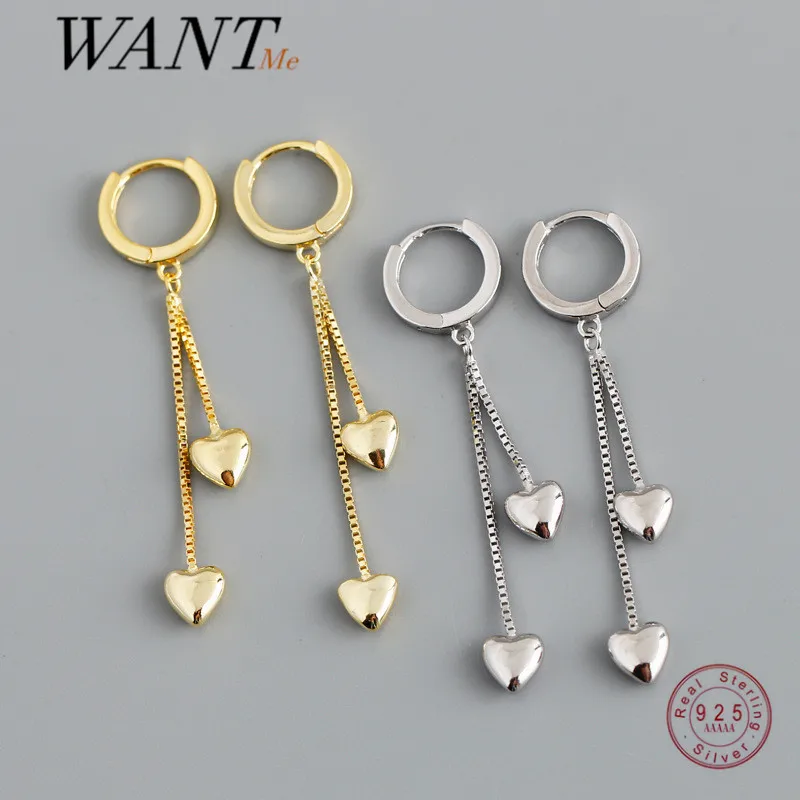 

WANTME Genuine 925 Sterling Silver Double Bohemian Romantic Tassel Love Heart Drop Earrings for Women Trendy Party Jewelry 2021