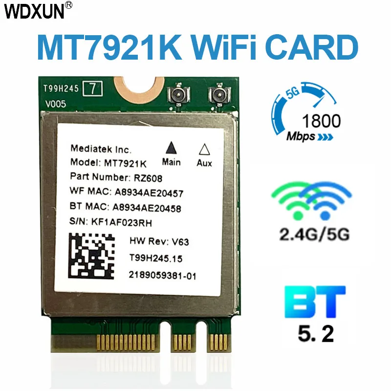 Placa de red wifi mt7921k m.2 ngff, adaptador 6e con bluetooth 1800, 5,2 mbps, sem fio, banda dupla, MU-MIMO, 802.11ax, windows 10, 11