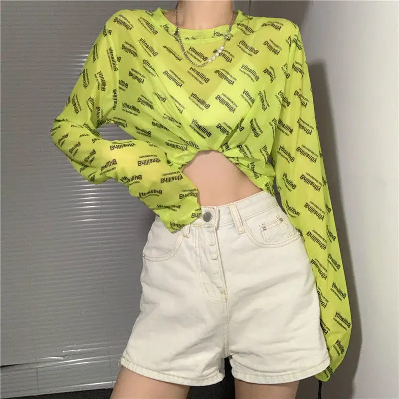 

Women's long-sleeved T-shirt Summer thin loose sunscreen clothing Korean fashion net yarn bottoming shirt Hong Kong style tops