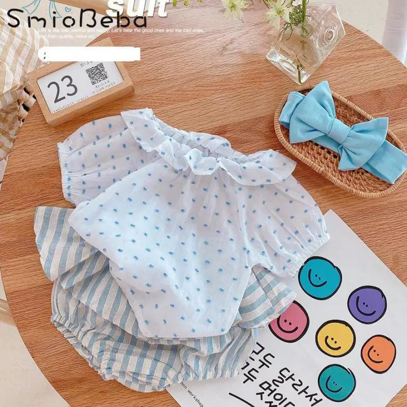 

Korean Summer Sky Blue Baby Stirped Three Piece Sets Girl's Cut Flower Lotus Leaf Collar Top Shirts +Short Pants+ Hair Band INS