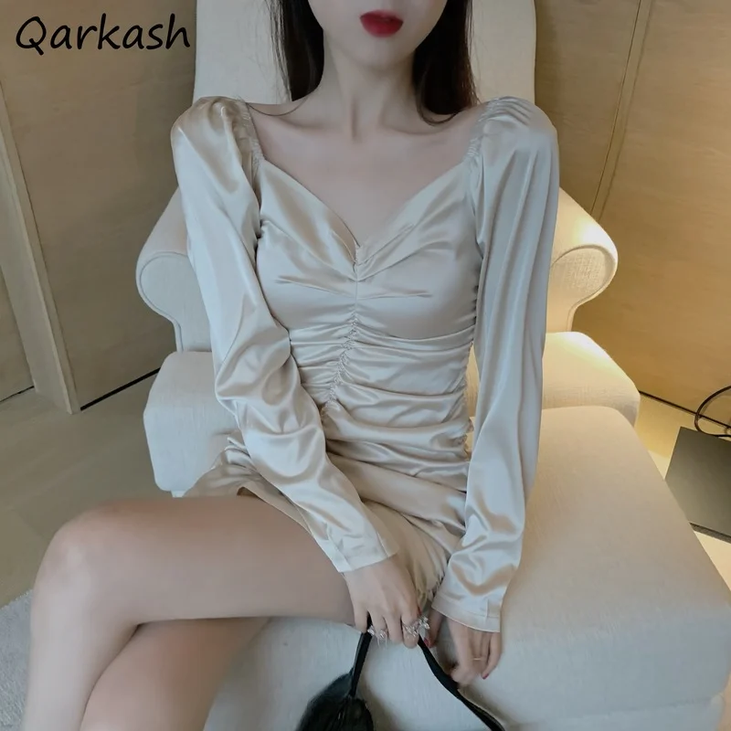 

Dresses Women Folds Casual A-line Elegant Stylish Korean Pure Mini Vestidos Party Wear Fit Square Collar Romance Retro Sexy Girl