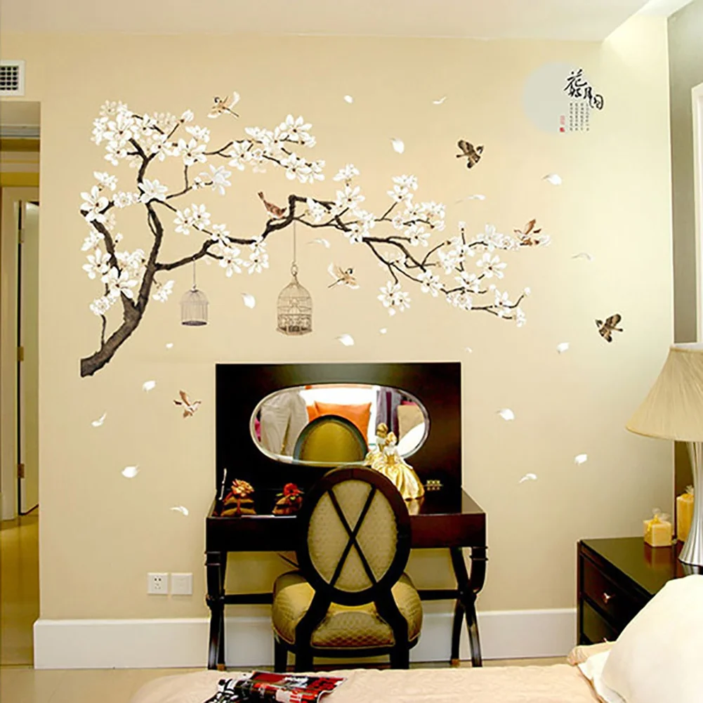 

Chinese Style Wall Decal White Blossom Flowers and Flying Birds DIY Floral Tree Wall Art Decor Stickers Murals for Office Home