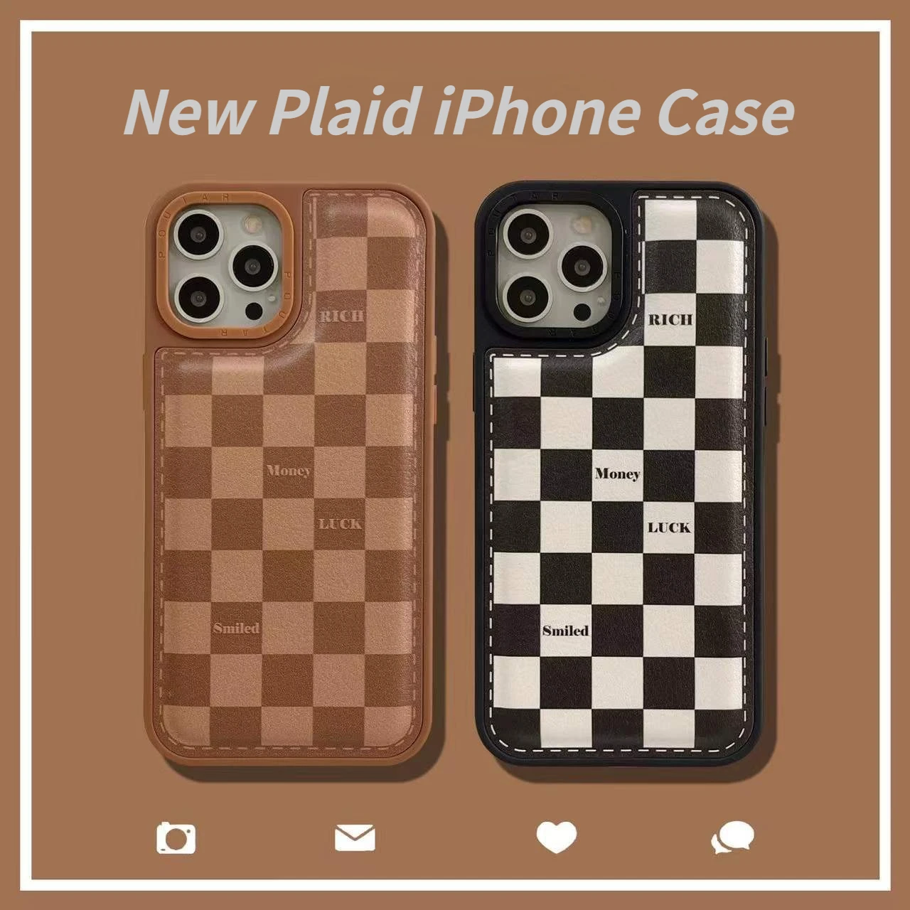 

Check Leather Phone Case Leather Case For Iphone 11, 12, 13pro, Max, X, Xs, Xr, Black And White Colors