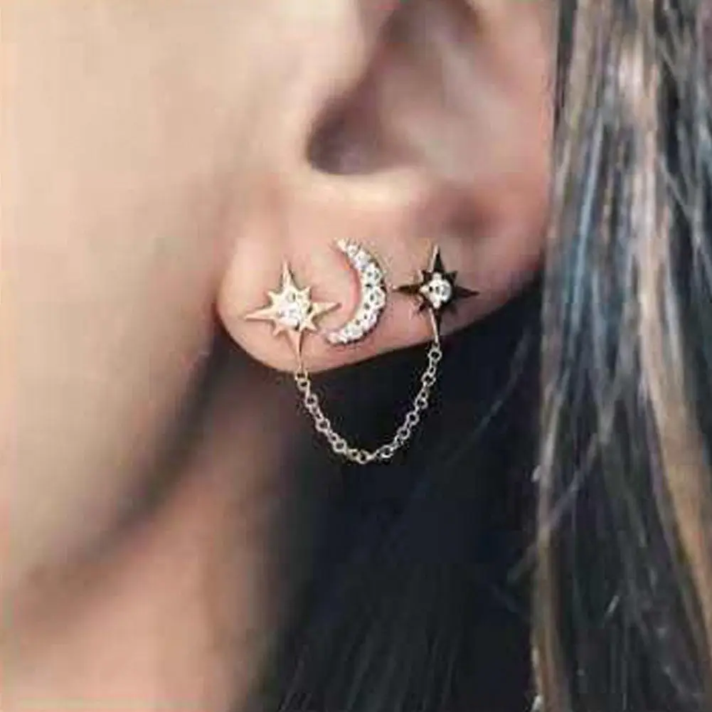 2Pcs/Set Rhinestone Moon Star Chain Stud Earrings 3 Ear Holes Gold Colors Women Earring Set 2020 Party Jewelry | Украшения и