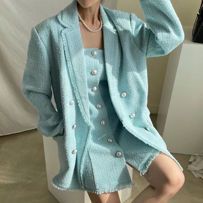 2022 Spring Fall French Elegance Two-Piece Suit Double-Breasted Woolen with Frayed Lapel Coat+ Pearl Buckle Sling Dress