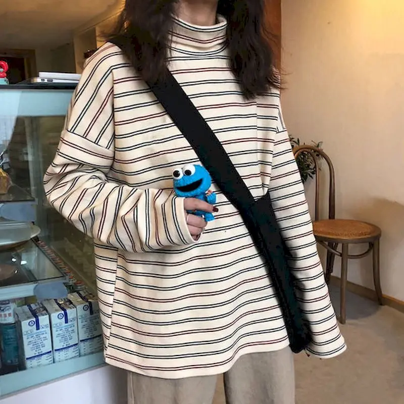 

Autumn and Winter Turtleneck T-shirt Plus Velvet Long-sleeved Bottoming T-shirts Women Loose Korean All-match Striped Women Top