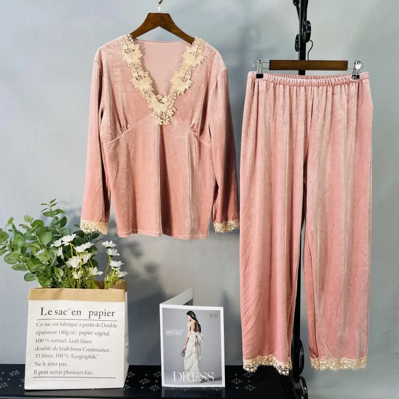 

2021 New 2PCS Pajamas Suit Women Pink Velvet Sleep Set Intimate Lingerie Autumn Long Sleeve V-Neck Sleepwear Casual Pyjamas
