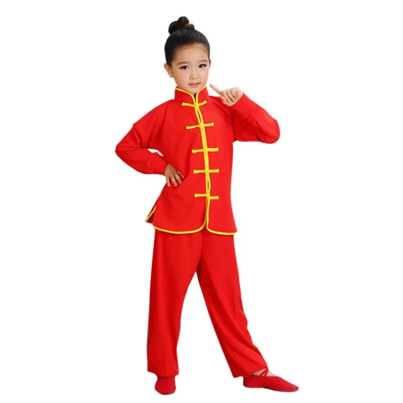 red long slleve New Wushu Costume Children Chinese Traditional Clothing Kids Martial Arts Uniform Kung Fu Suit Girls Boys Stage Performance Set - Цвет: red long slleve