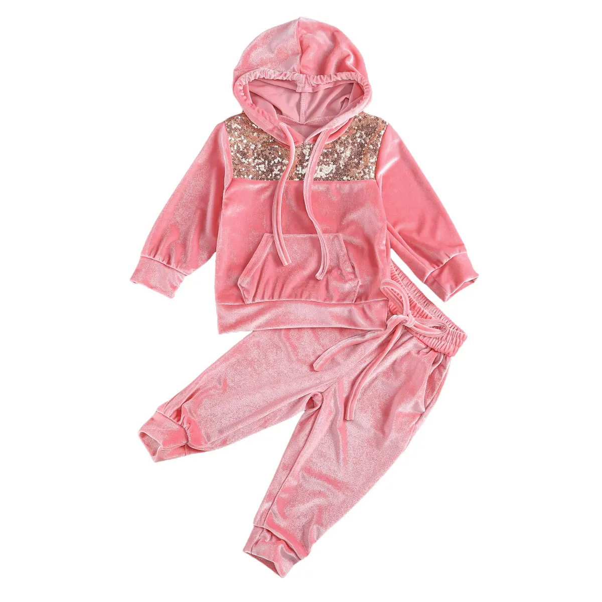 

Toddler Baby Girl Clothes Velvet Suit Sequin Stitching Decoration Ribbed Closing Hooded Sweater Trousers 2Pcs Outfits