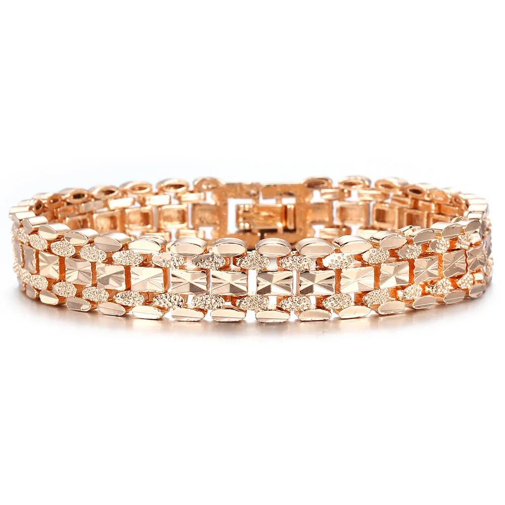 Женский резной браслет на цепочке розовый золотистый 11 мм 585 пробы вечерние