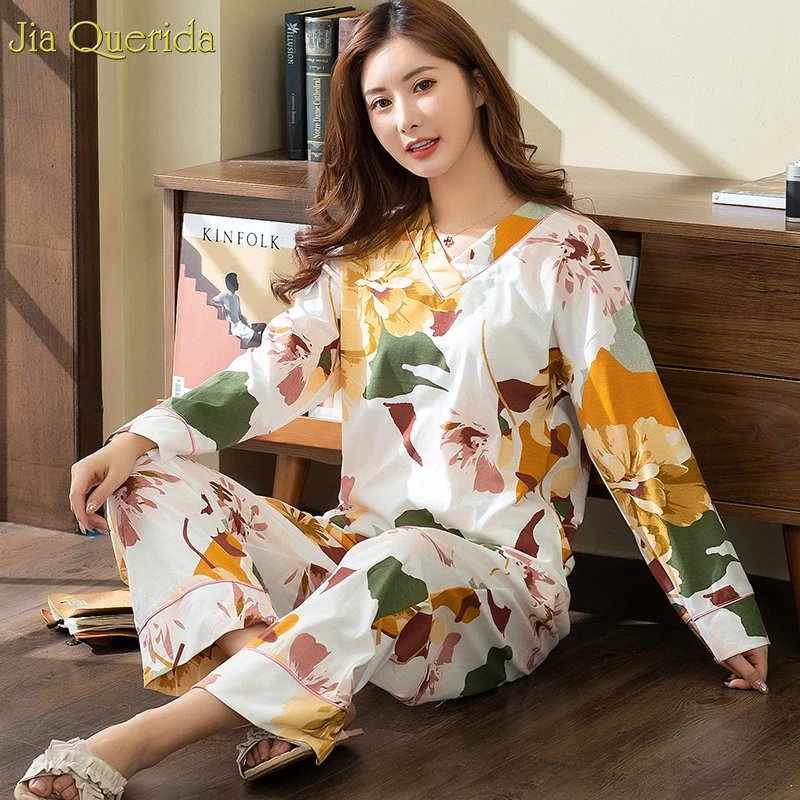 Новинка женские пижамы плюс размер белый цветочный принт v-образный ворот модное