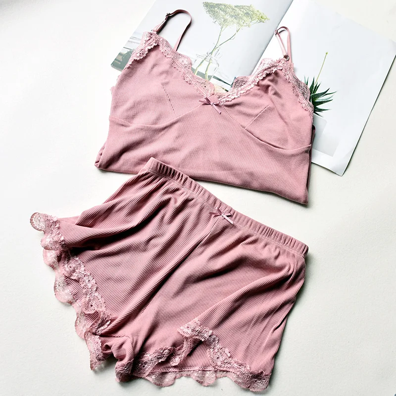 Two Piece Cotton Pajamas Set for Women Sexy Lace Top And Shorts Pajama Sets Spaghetti Strap Sleepwear High Elastic Woman Clothes