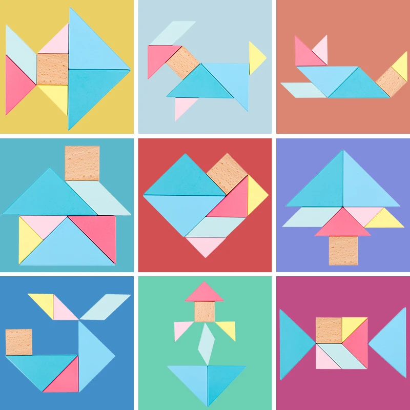 Деревянные Tangram 7 шт головоломки Красочные квадратные IQ Игры Головоломка