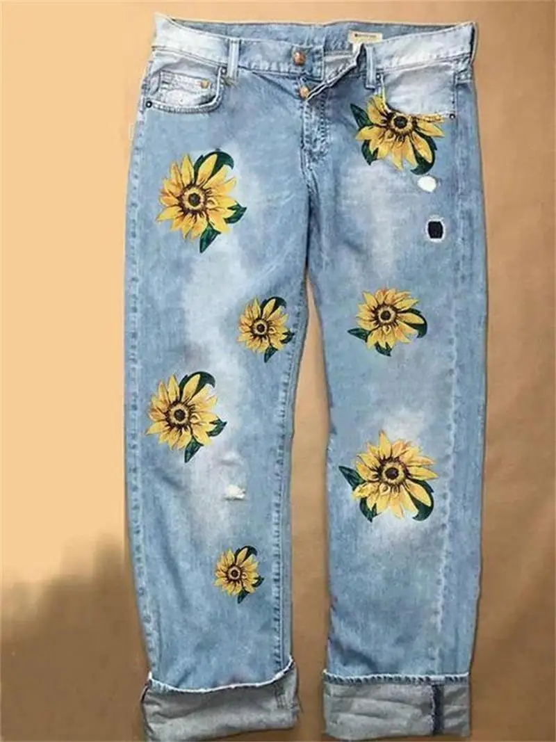 

2021 New Women's Fashion Casual Daily All-match Beautiful Sunflower Embroidery Sunshine Cute Classic Jeans KZ008