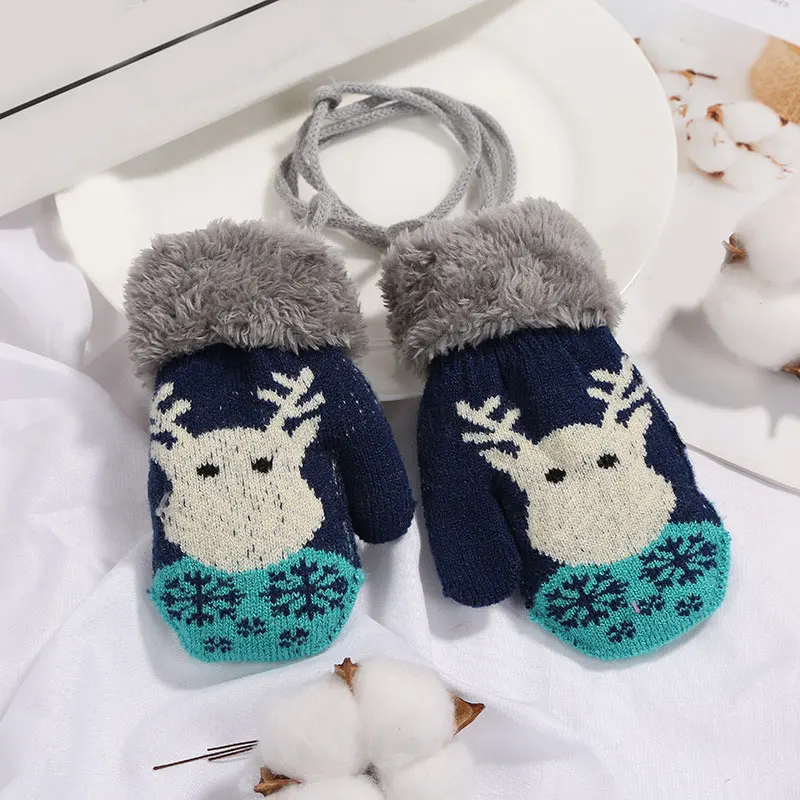 

Kids Christmas Gloves Winter Warm Boy Girl Full Finger Mittens Cartoon Gloves Kids Elk Knitted Wool Childs Thicken Gloves Rope