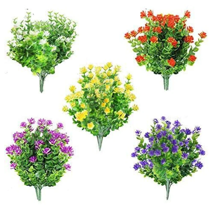 

AF89 15 Bundles Outdoors Artificial Flowers Faux Plastic Greenery UV Resistant Shrubs Plants for Indoor Vase Outside Hanging