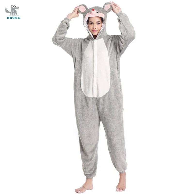 Фланелевая Новинка Кигуруми для взрослых серая мышь Розовый нос мультфильм