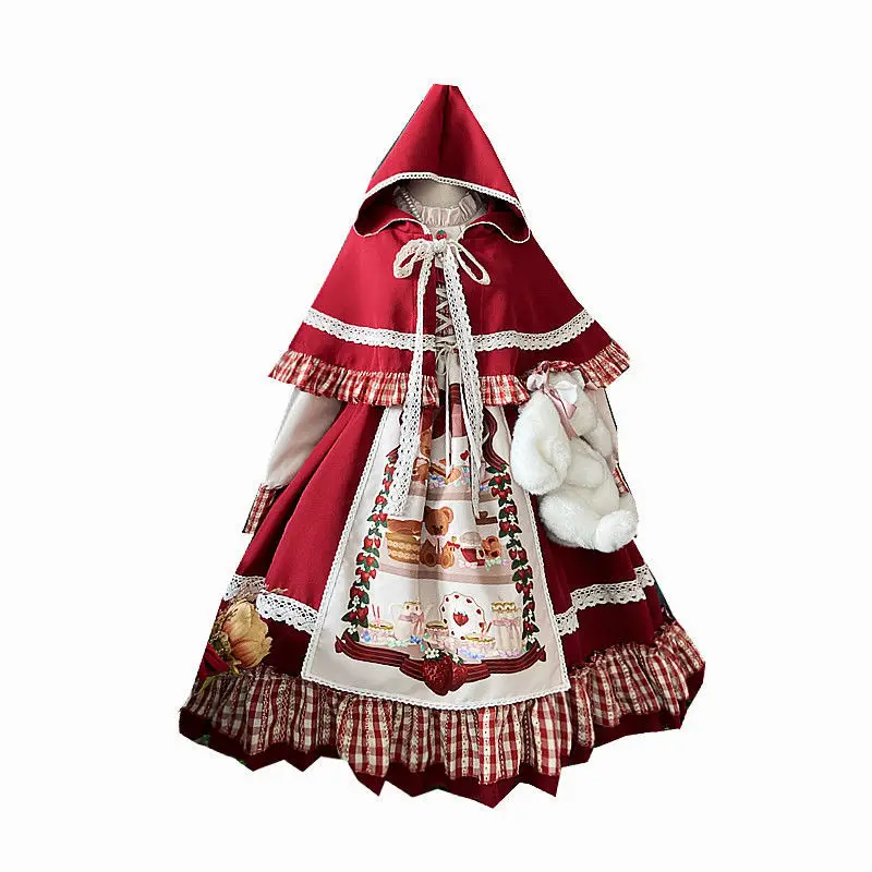 

Gothic Lolita Dress Victorian Little Red Riding Hood Cosplay Lolita Christmas Year Red Cape Girl Op Long Sleeve Dress
