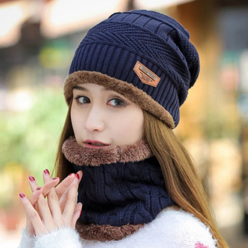 

2021 New 1PC Cotton Blend Winter Hat Scarf Set Fashion Warm Knit Baggy Beanie Hat Ski Cap Scarf Hat Neckerchief Beanie For Women