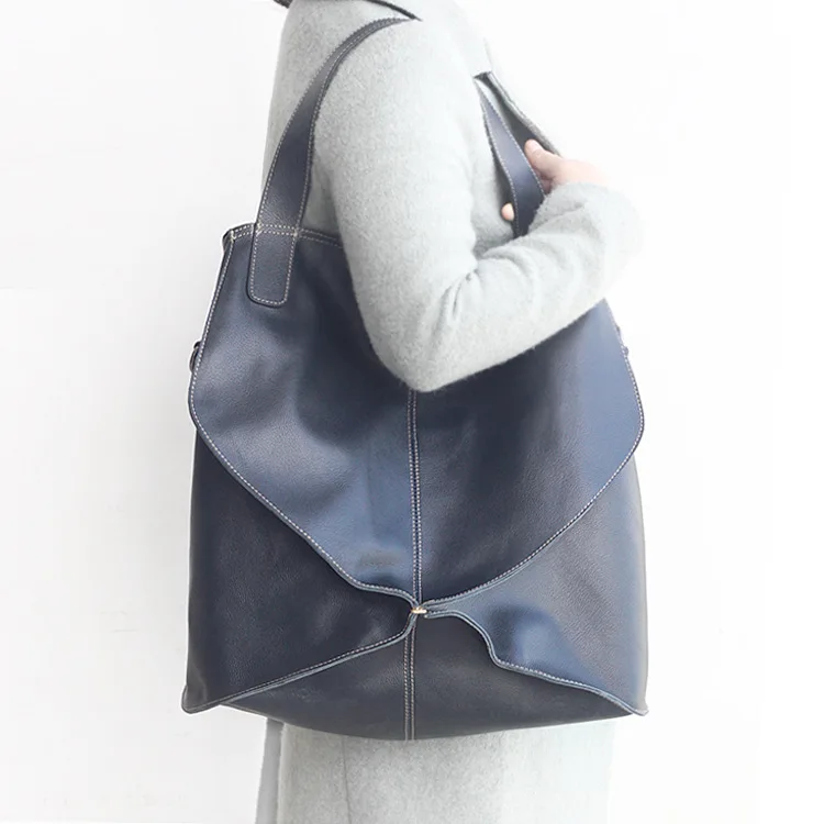 dark blue AETOO Новая модная Индивидуальная сумка простая натуральная кожа сумка на плечо сшивание мягкая кожа Большая вместительная женская сумка - Цвет: dark blue