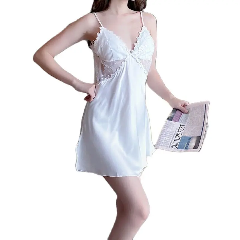 

White Strap Nighty Summer Nightgown Lace Perspective Sleepshirts Women Backless Sleepwear Intimate Lingerie Home Gown Nightdress