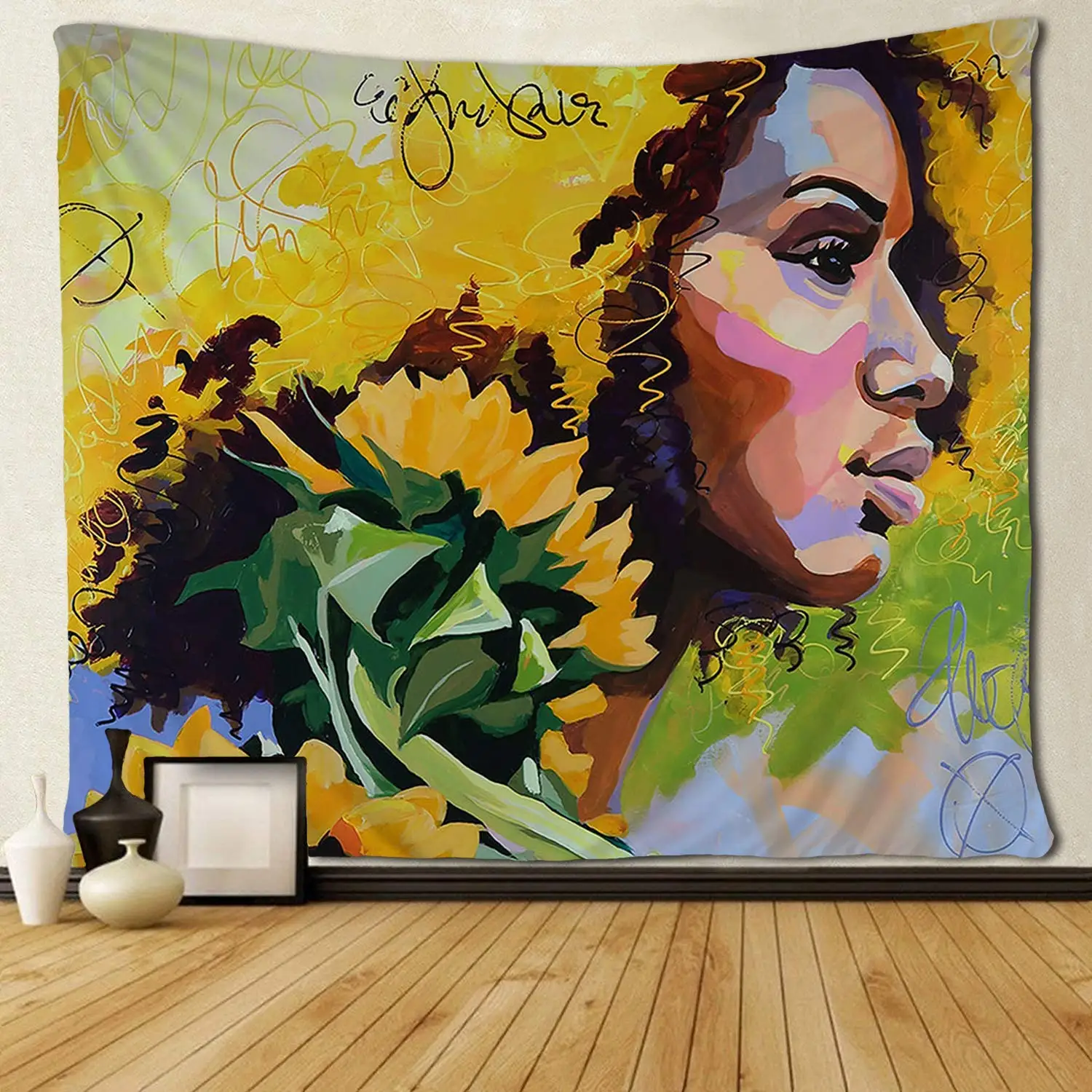 Tapiz de pelo de girasol para mujer afroamericana, Arte Negro, colgante de pared