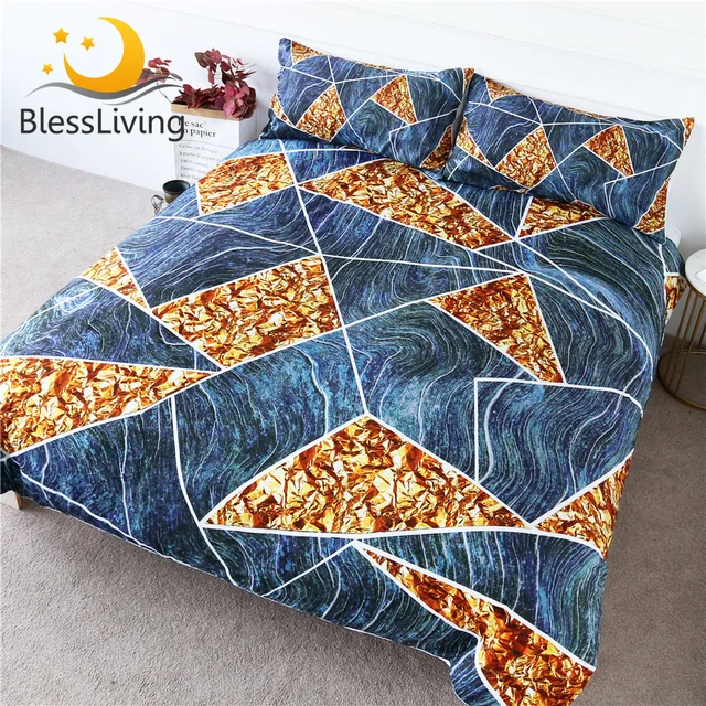 BlessLiving Geometric Bedding Set Gold Foil Comforter Cover Blue Marble Texture 3D Bed Cover Queen Luxury Bed Set 3pcs Dropship 1