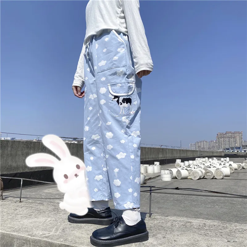 

New Spring Japanese Women Pants Harajuku Kawaii Cow Embroidered Cute Cloud Pants Loose Elastic Waist Straight Pants