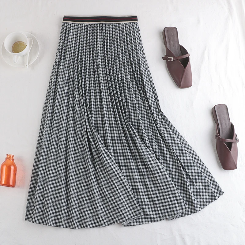 

Autumn Winter Women Thick Knitted Skirt 2021 New Elastic High Waist Vintage Diamond Plaid Mid-Length A-Line Long Skirt