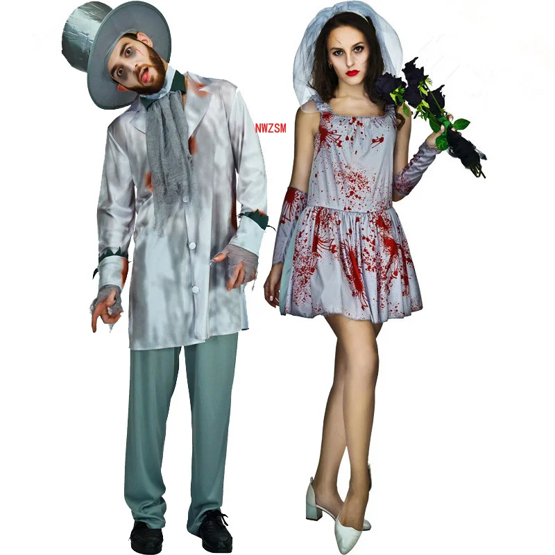 

Adult Ghost Groom Costume Fancy Dress Women Dead Bride Dress Cosplay Men Halloween Costume Role Play Bloody Bride Clothes