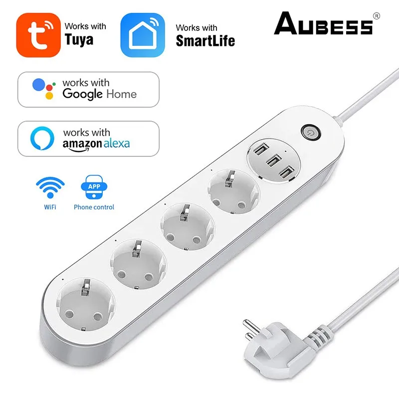 

Aubess Tuya Wifi Smart Power Strip 4 EU Outlets Plug Socket 3 USB Ports Timing Voice Remote Control Work With Alexa Google Home