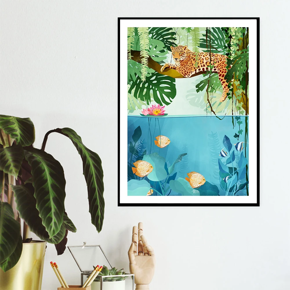 Джунгли тигр художественные плакаты и принты абстрактные красочные птицы рыбы