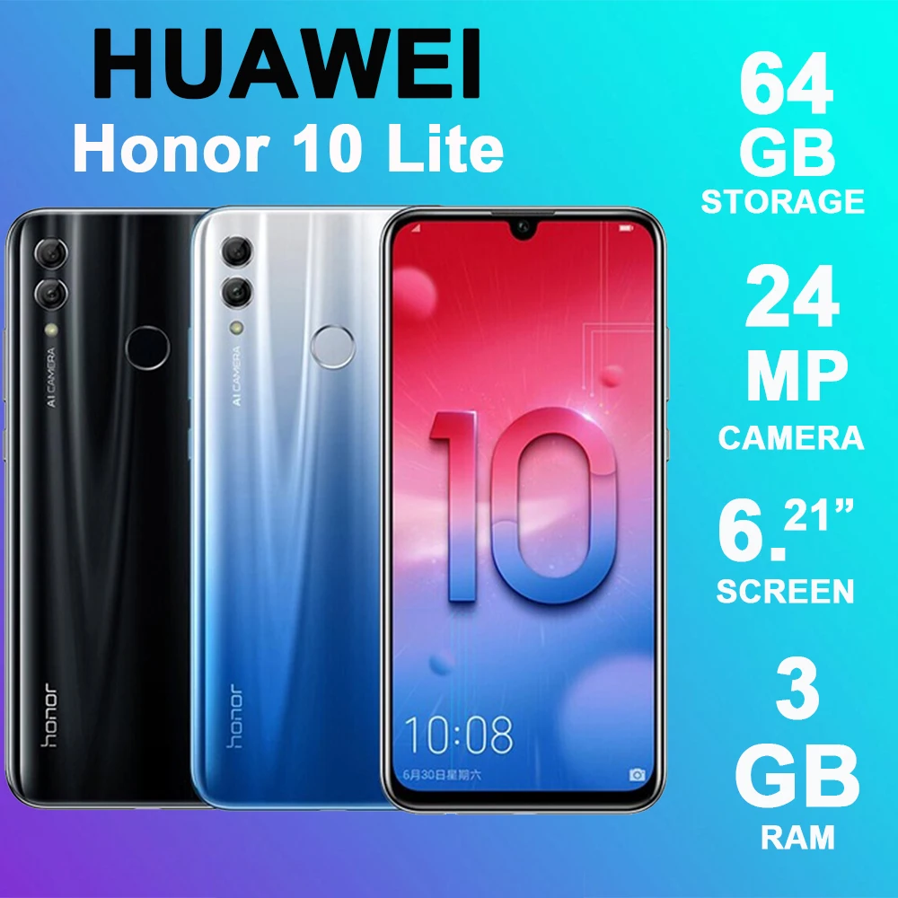 Honor 10 Lite Android 9,0 6,21 дюймов 3+ 64 Гб Смартфон 3400 мАч 24MP 3 камера мобильный телефон AI камера отпечатков пальцев Восьмиядерный