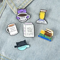 coffee and book enamel pin cat cafe reading badge custom hedgehog brooches lapel pin shirt cute animal jewelry gift wholesale